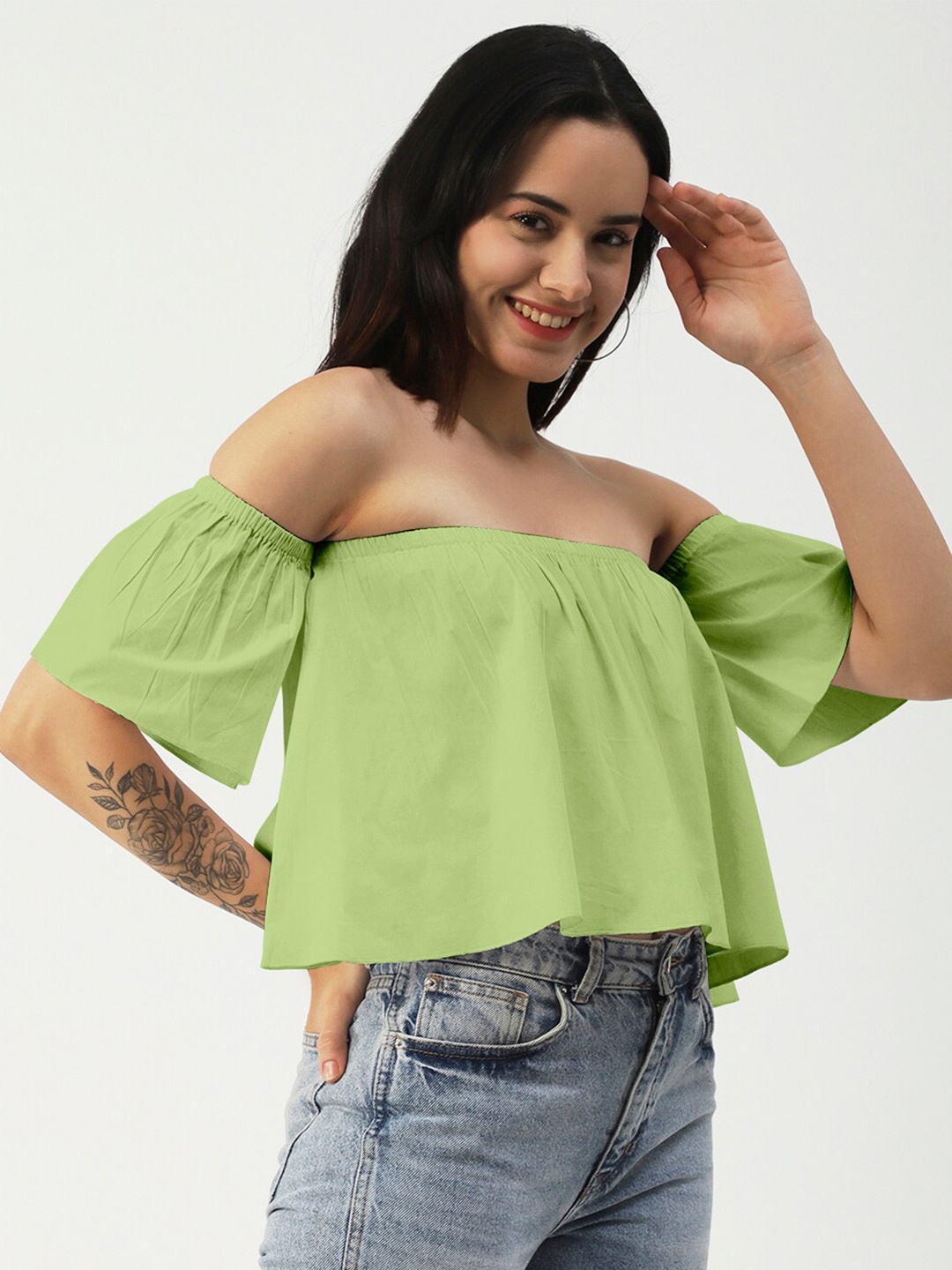 

Moomaya Off-Shoulder Flared Sleeve Cotton Bardot Top, Green