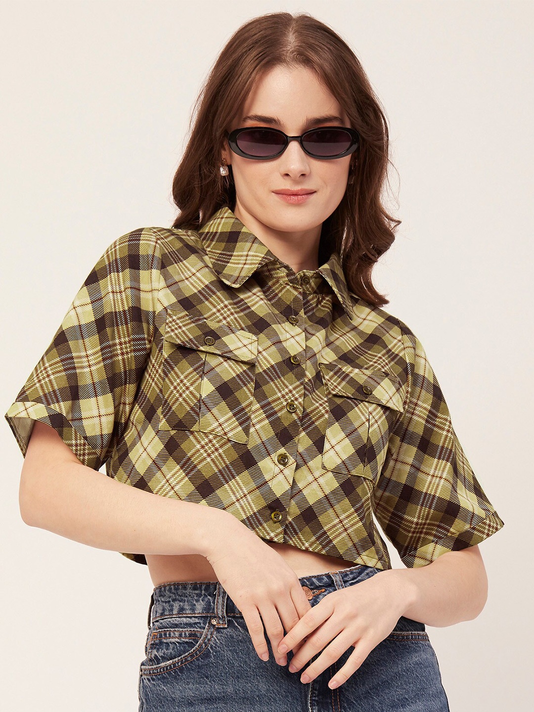 

Moomaya Checked Shirt Style Crop Top, Green