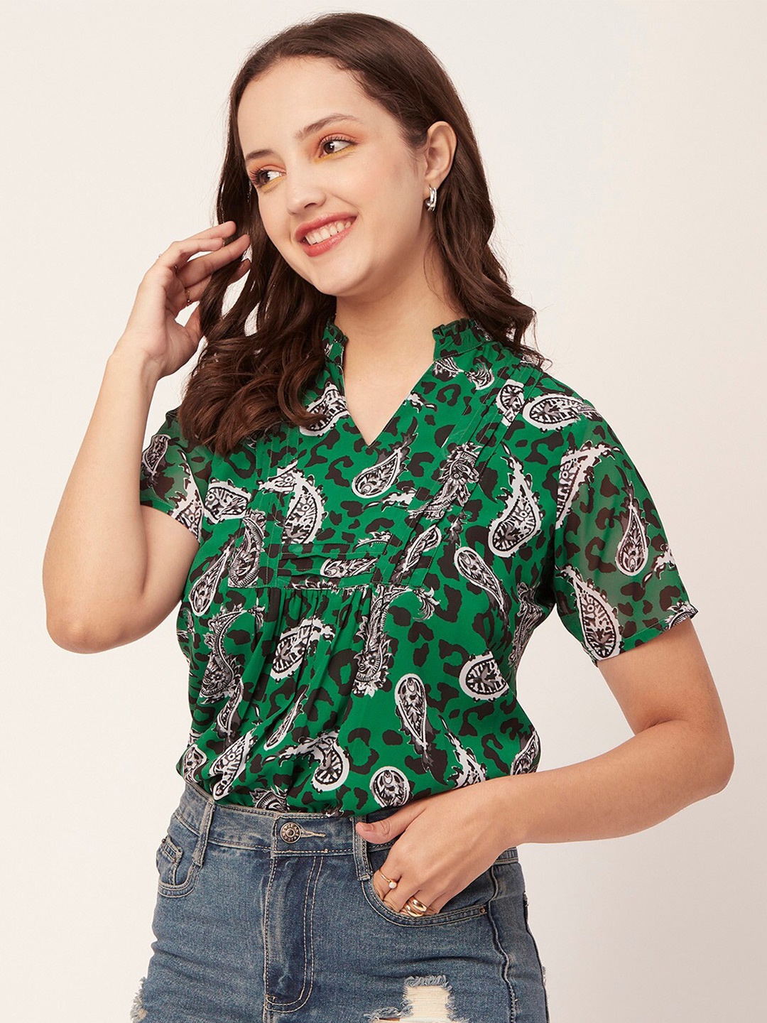 

Moomaya Ethnic Motifs Printed Mandarin Collar Georgette Shirt Style Top, Green