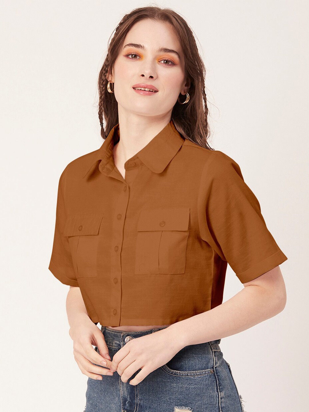 

Moomaya Shirt Style Crop Top, Brown