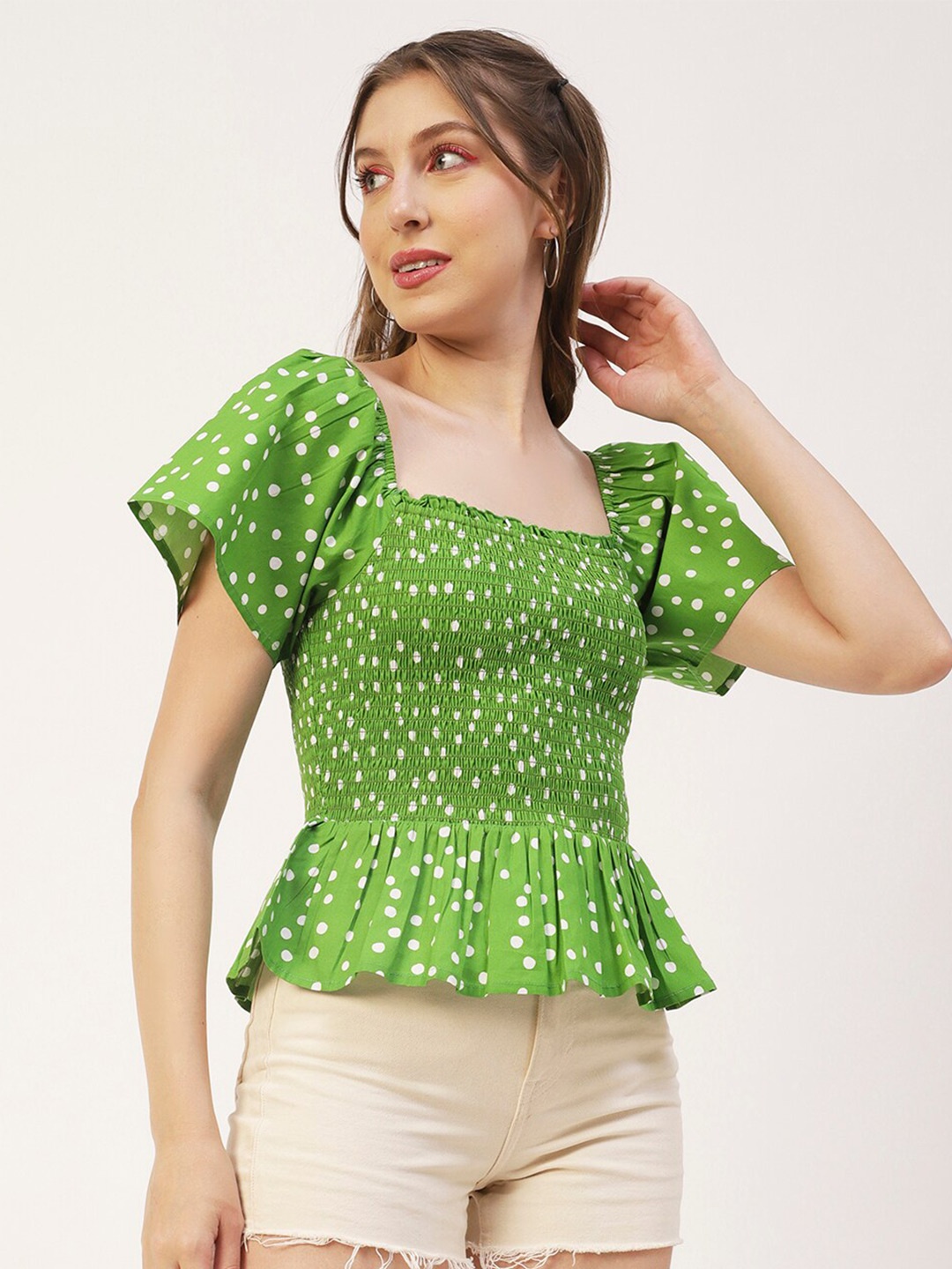 

Moomaya Polka Dot Printed Cotton Peplum Top, Green