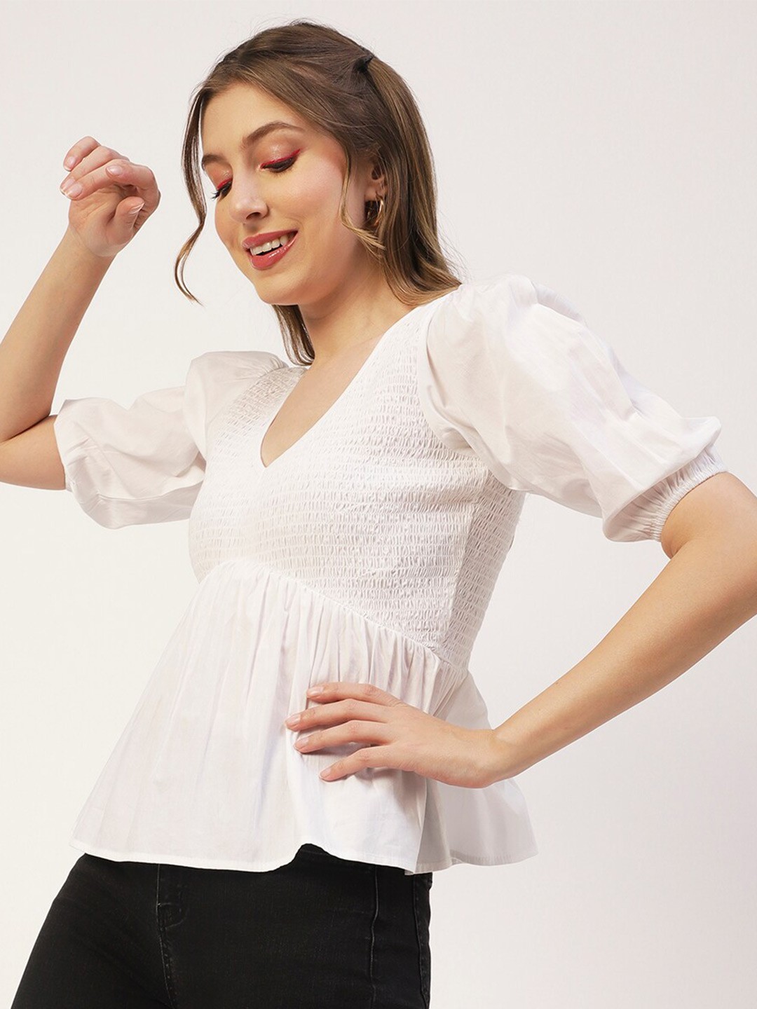

Moomaya Puff Sleeve Cotton Peplum Top, White