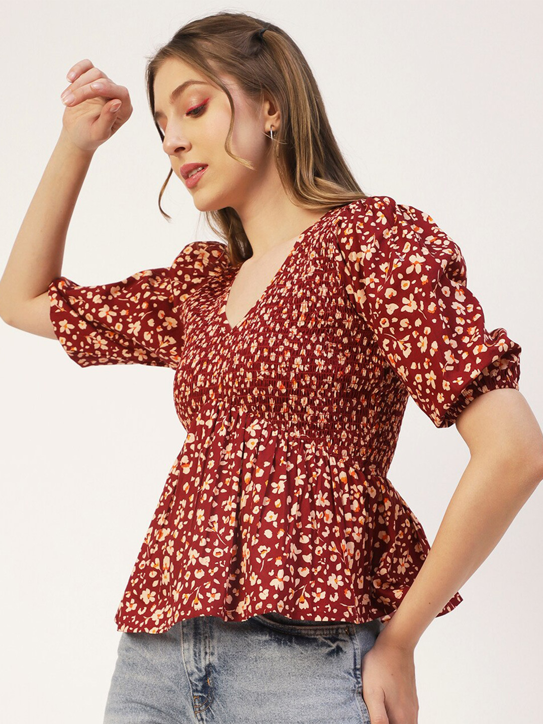 

Moomaya Floral Print Cotton Peplum Top, Red