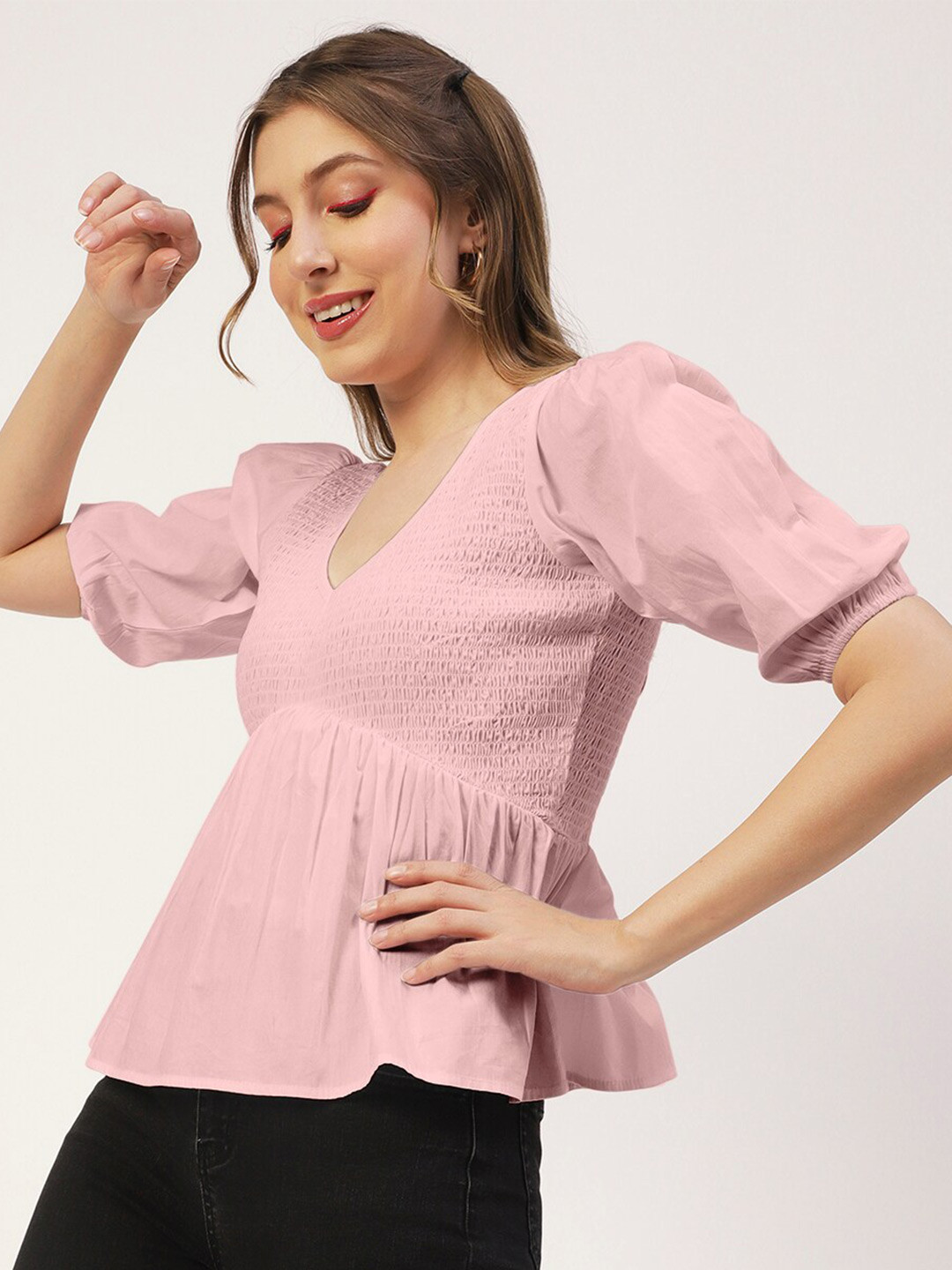 

Moomaya Puff Sleeve Cotton Peplum Top, Pink