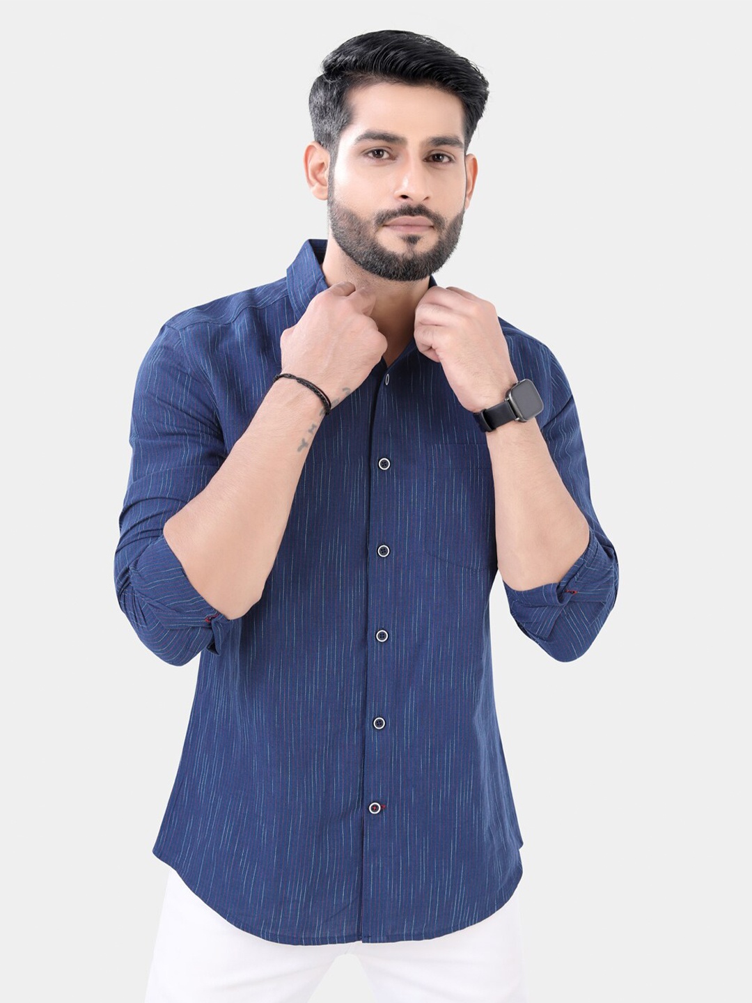 

VASTRADO Striped Opaque Cotton Casual Shirt, Navy blue