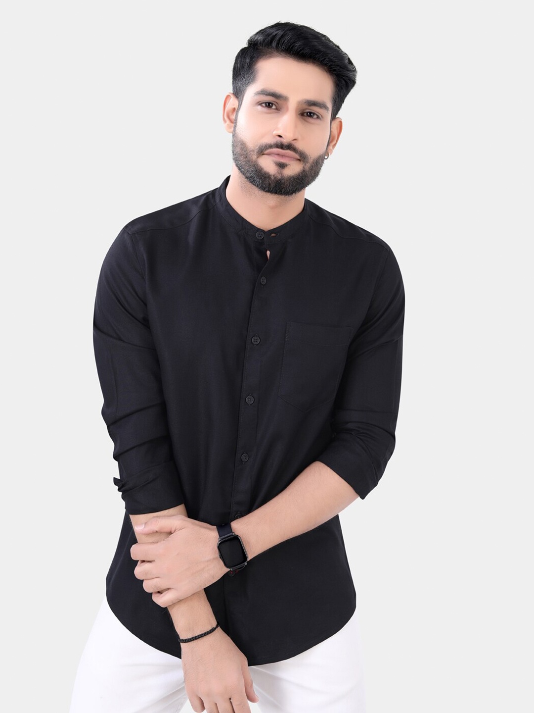 

VASTRADO Band Collar Opaque Cotton Casual Shirt, Black