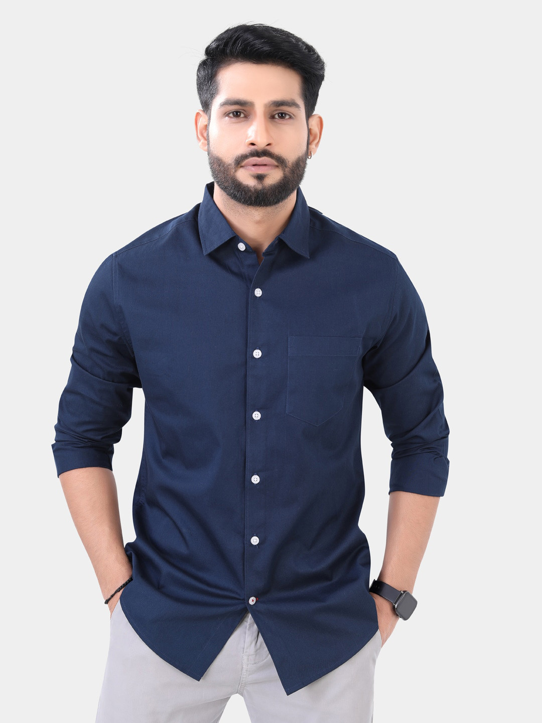 

VASTRADO Spread Collar Opaque Cotton Casual Shirt, Navy blue