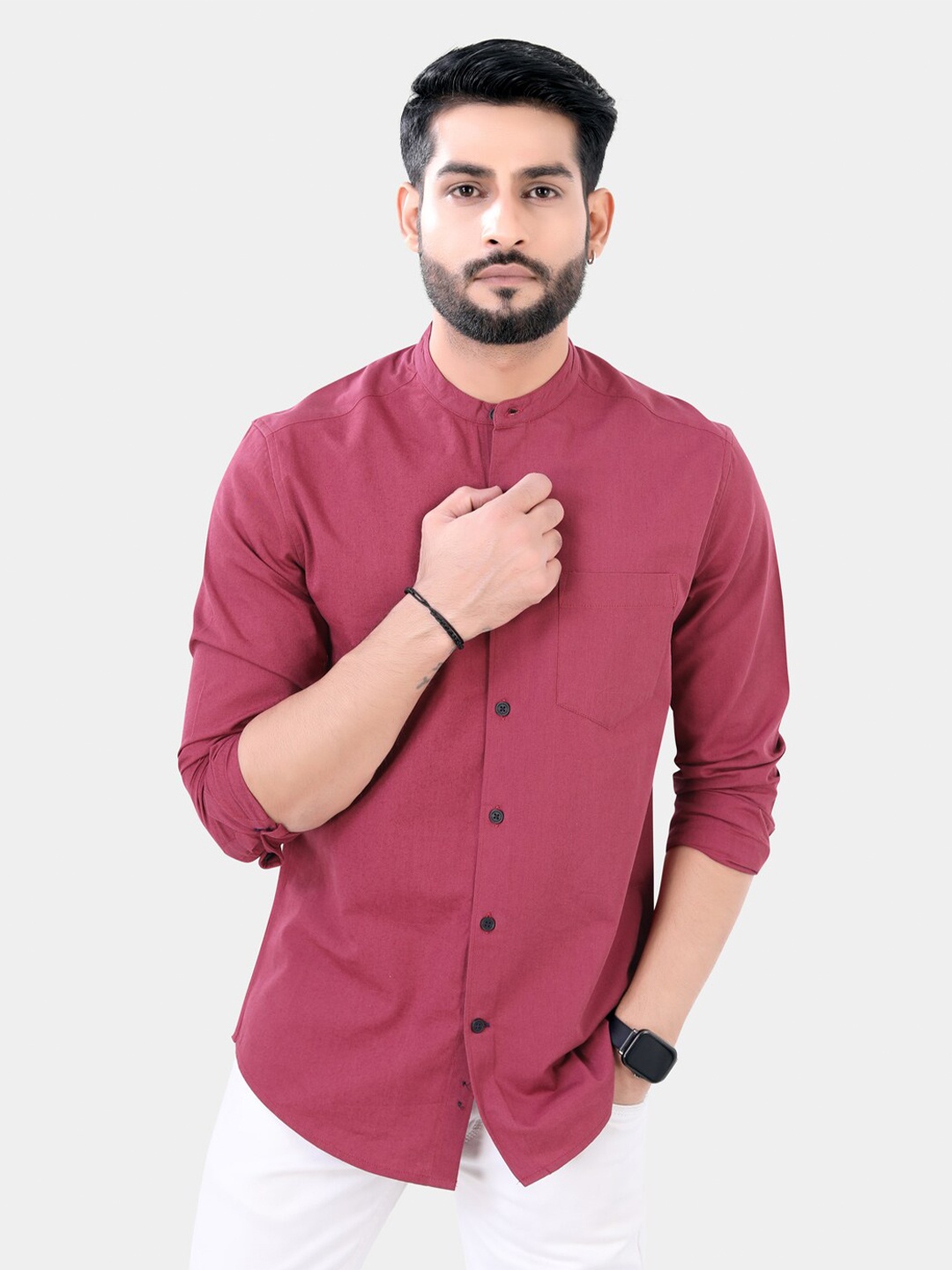 

VASTRADO Band Collar Opaque Cotton Casual Shirt, Maroon