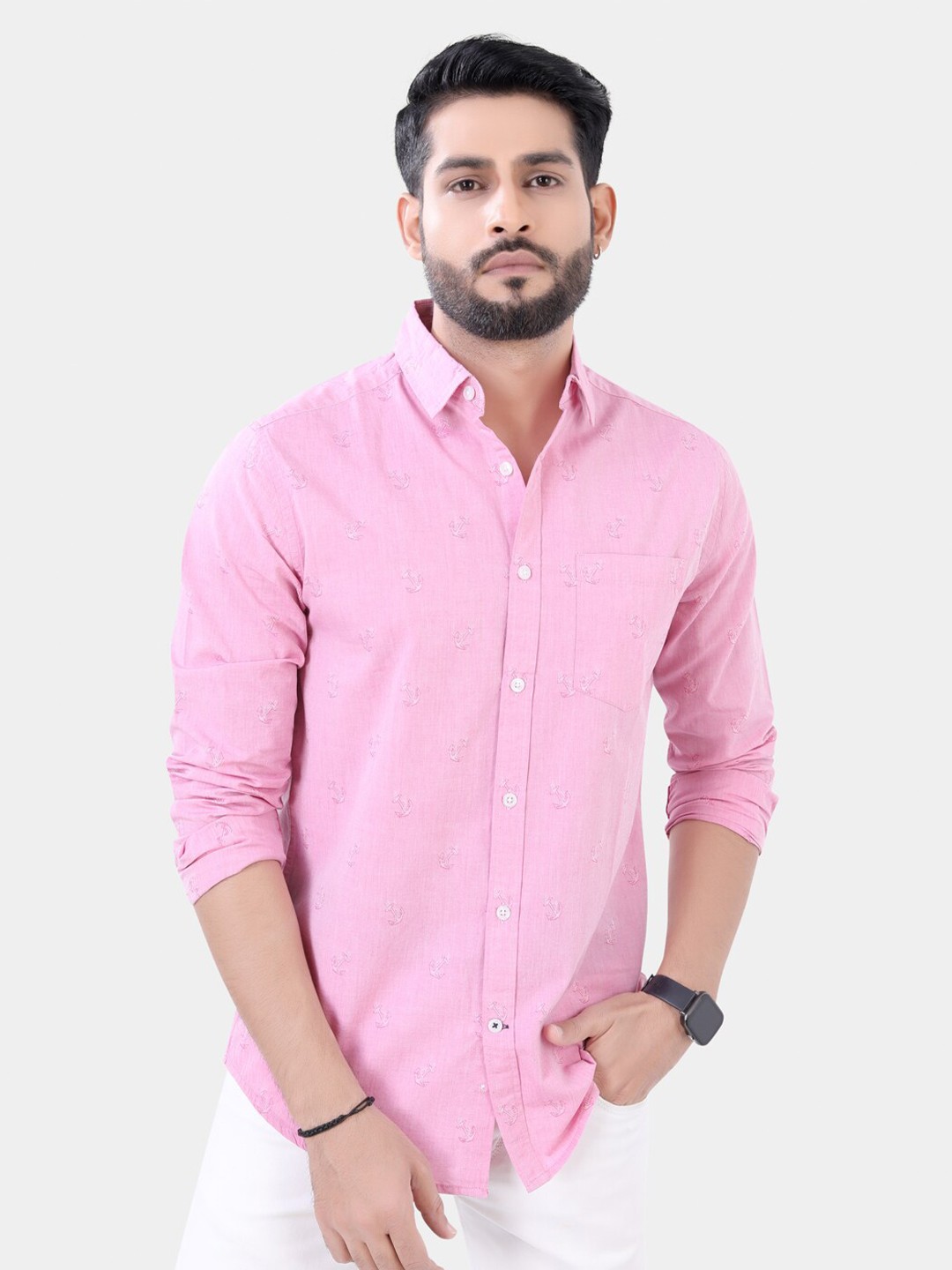 

VASTRADO Spread Collar Anchor Printed Dobby Cotton Casual Shirt, Pink
