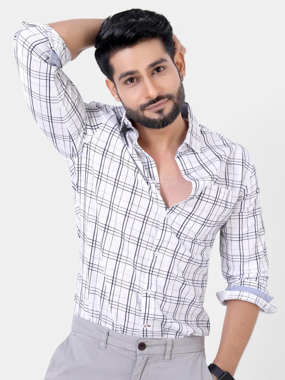 

VASTRADO Tartan Checks Cotton Casual Shirt, White