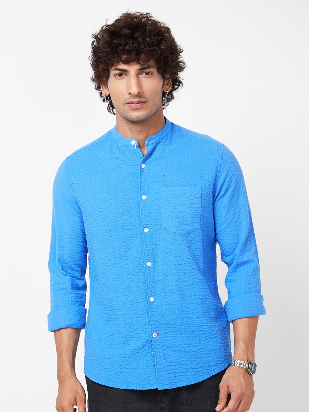 

VASTRADO Self Design Band Collar Opaque Cotton Casual Shirt, Blue
