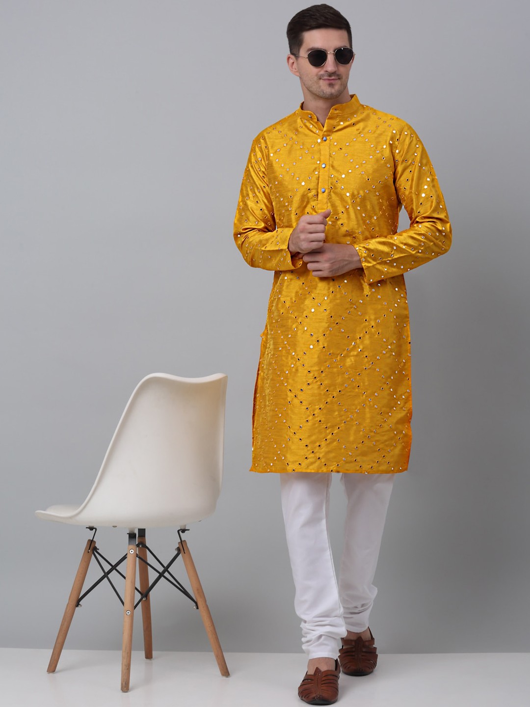 

Jompers Geometric Embroidered Regular Mirror Work Dupion Silk Kurta With Pyjamas, Mustard