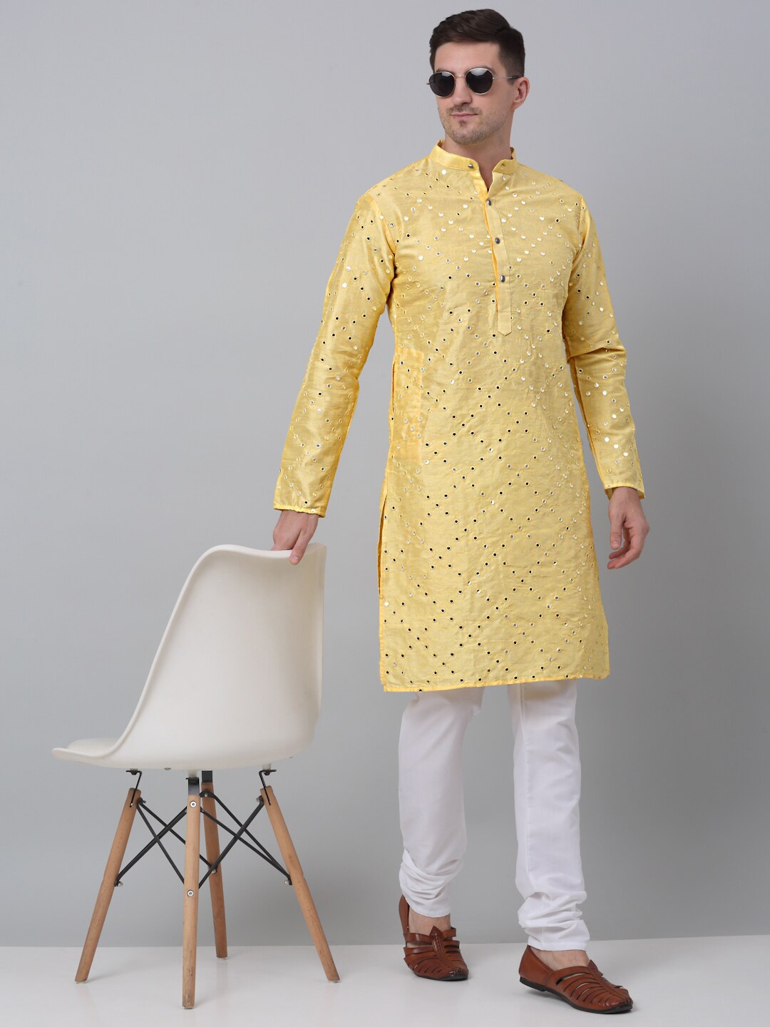 

Jompers Mirror Work Embellished Kurta With Churidar, Yellow