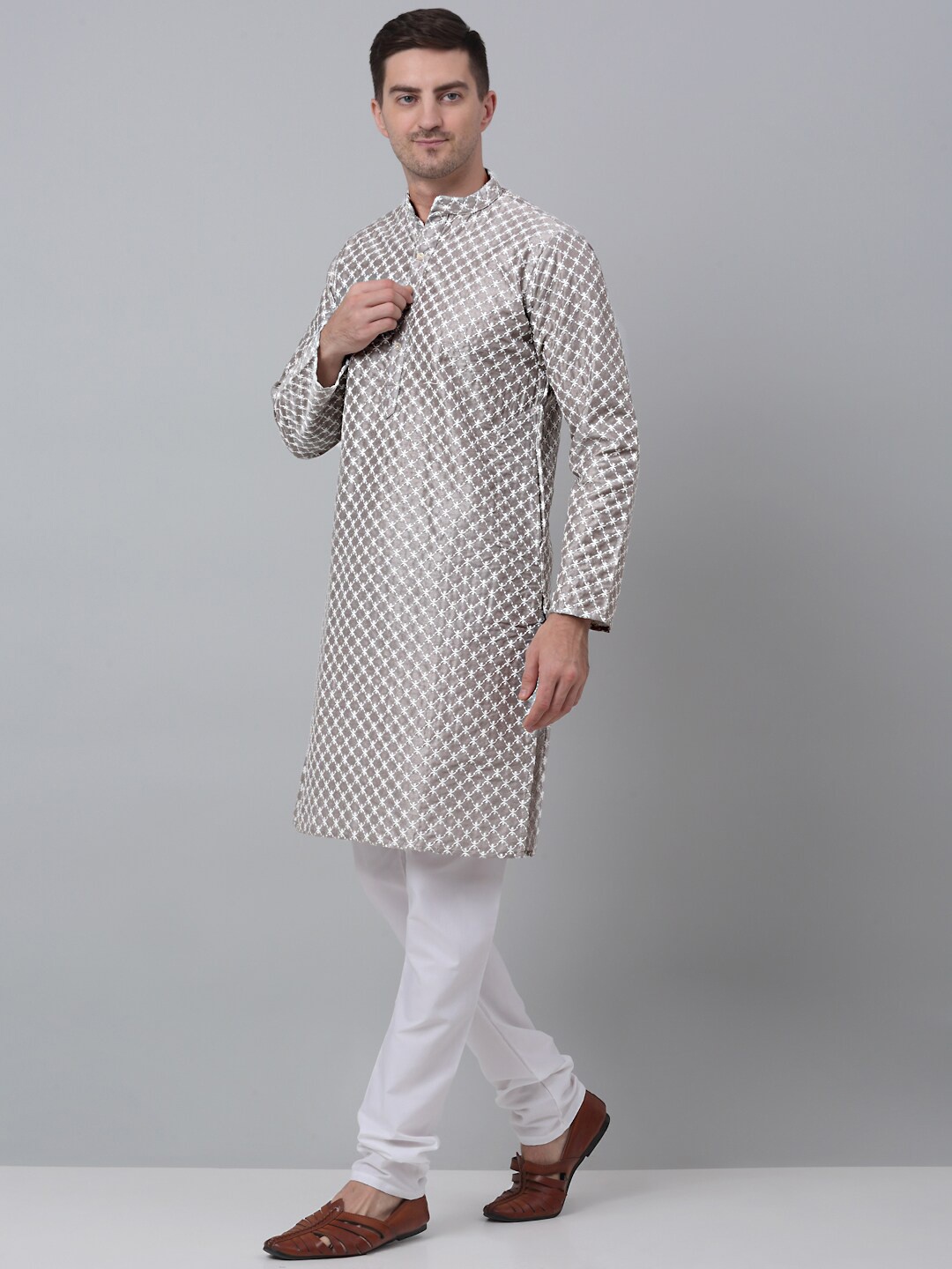 

Jompers Ethnic Motifs Embroidered Pure Cotton Kurta With Churidar, Grey