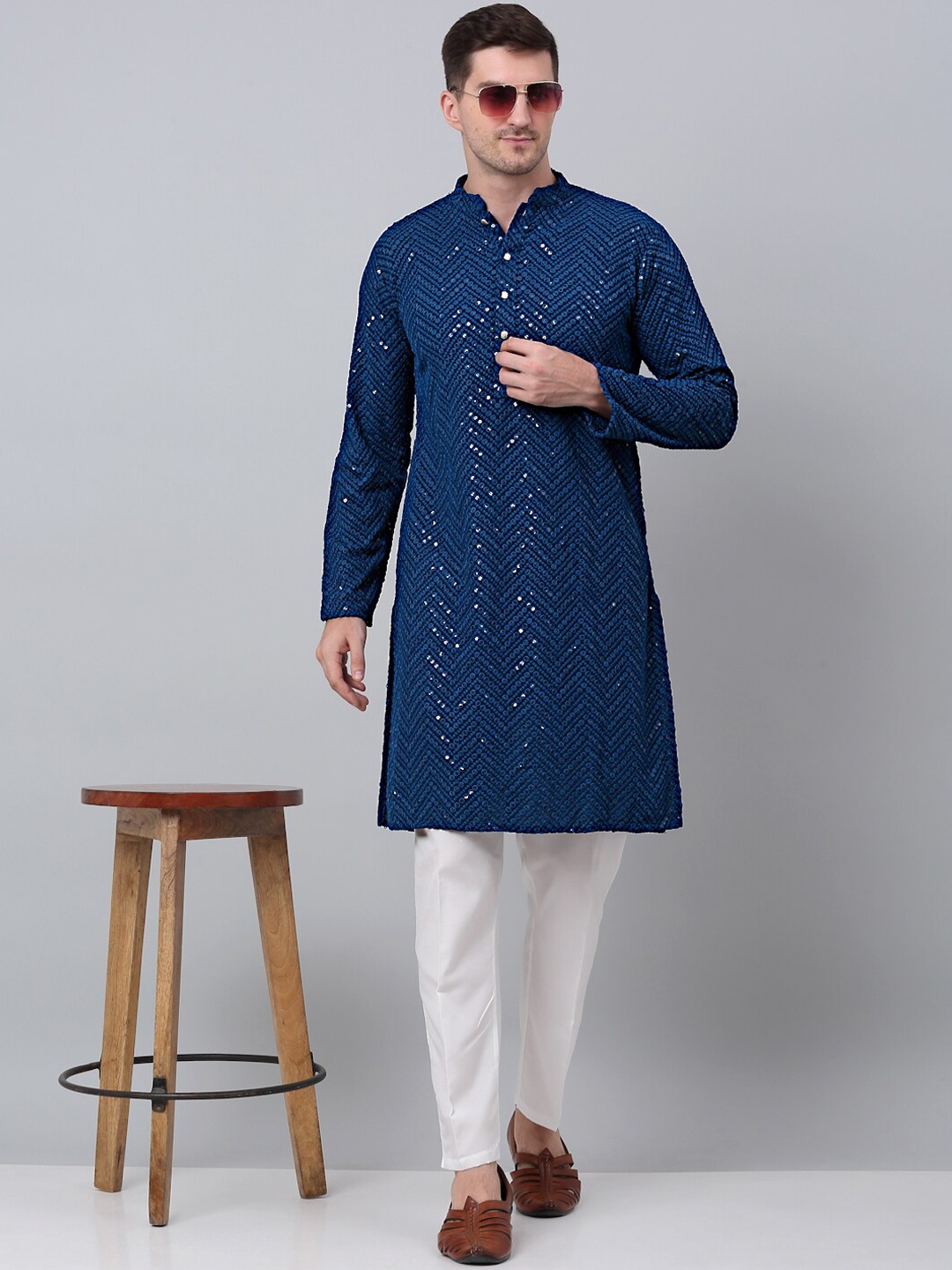

Jompers Sequin Embellished Pure Cotton Kurta With Churidar, Blue