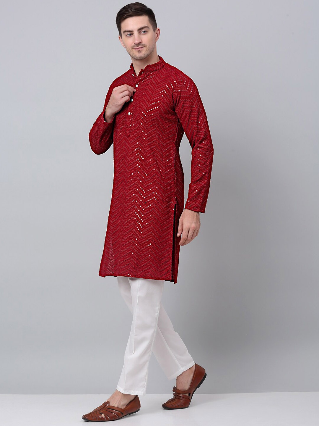 

Jompers Sequin Embellished Pure Cotton Kurta With Churidar, Maroon