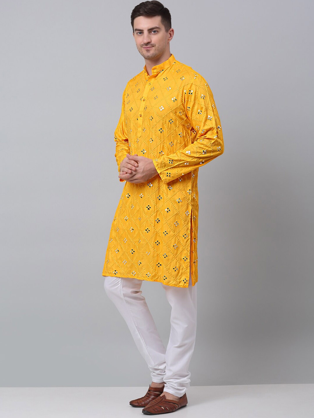 

Jompers Mirror Work Embellished Pure Cotton Mandarin Collar Kurta with Churidar, Mustard
