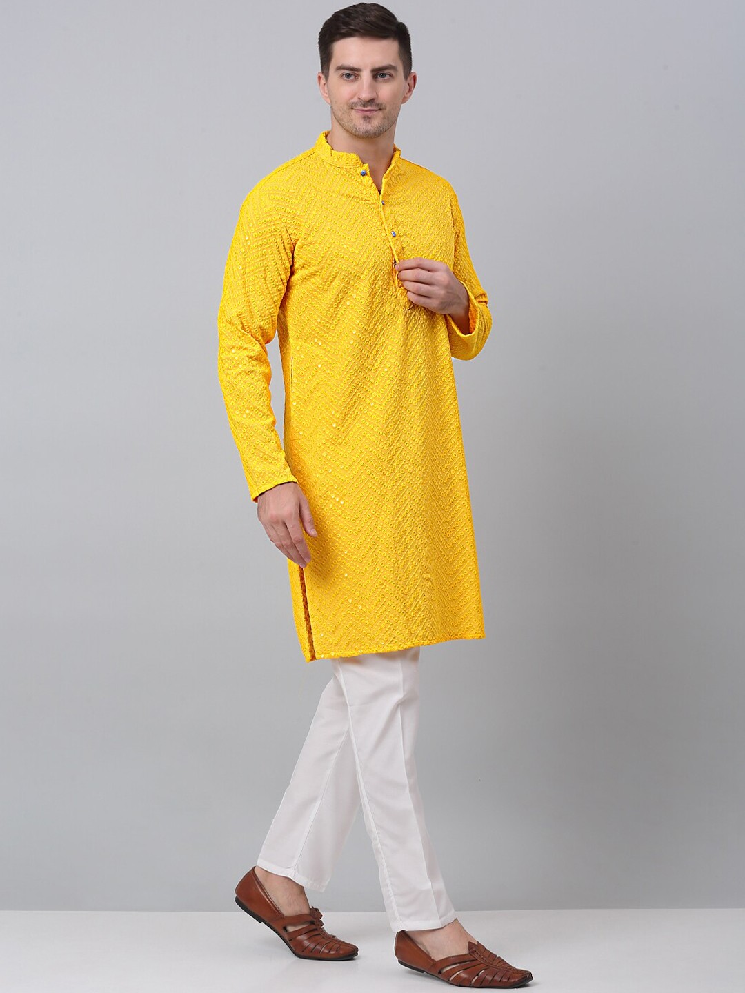 

Jompers Sequin Embellished Pure Cotton Kurta with Pyjamas, Yellow