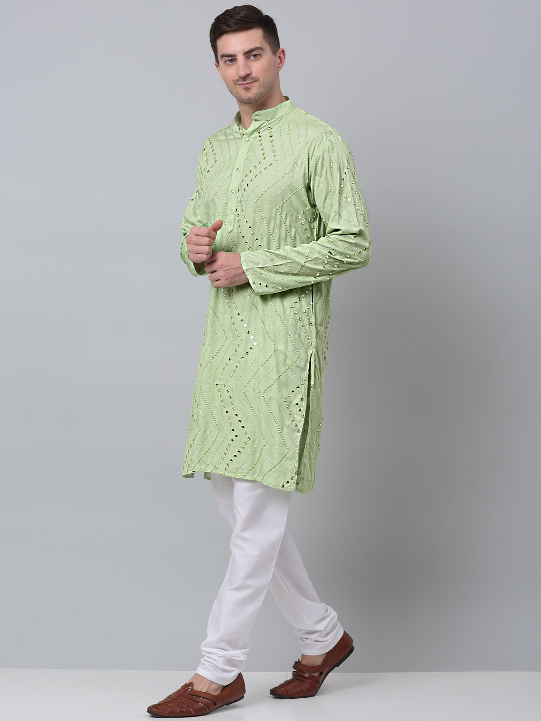 Jompers Mirror Work Embellished Pure Cotton Kurta with Churidar, Green