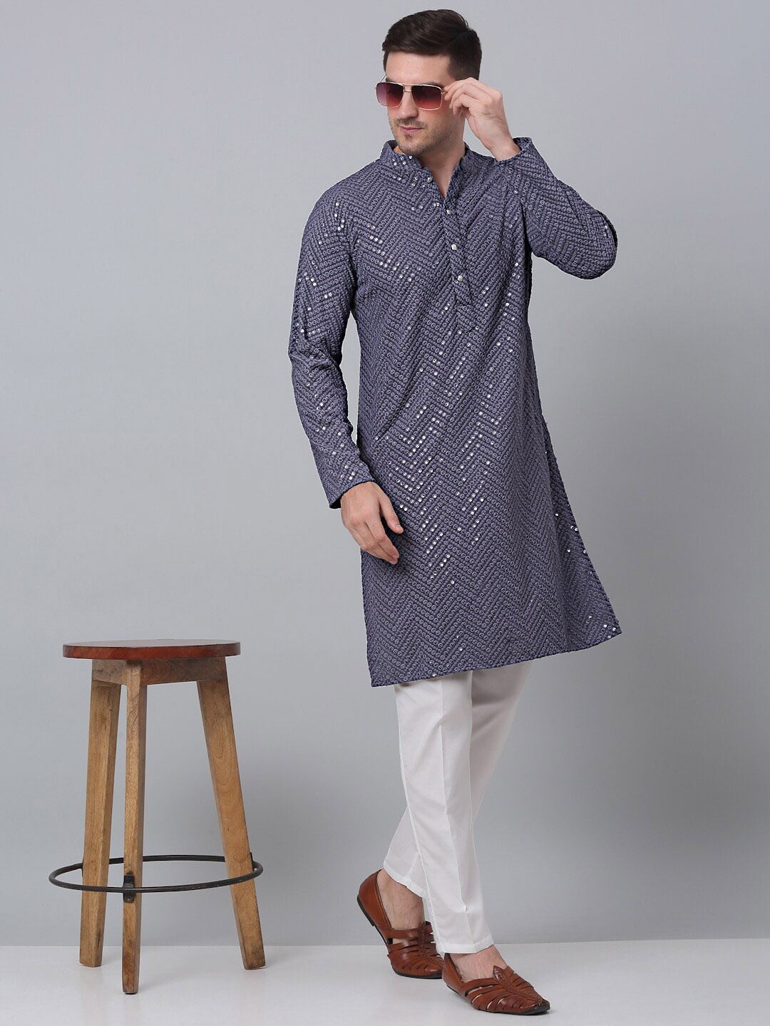 

Jompers Sequin Embellished Pure Cotton Kurta with Pyjamas, Grey