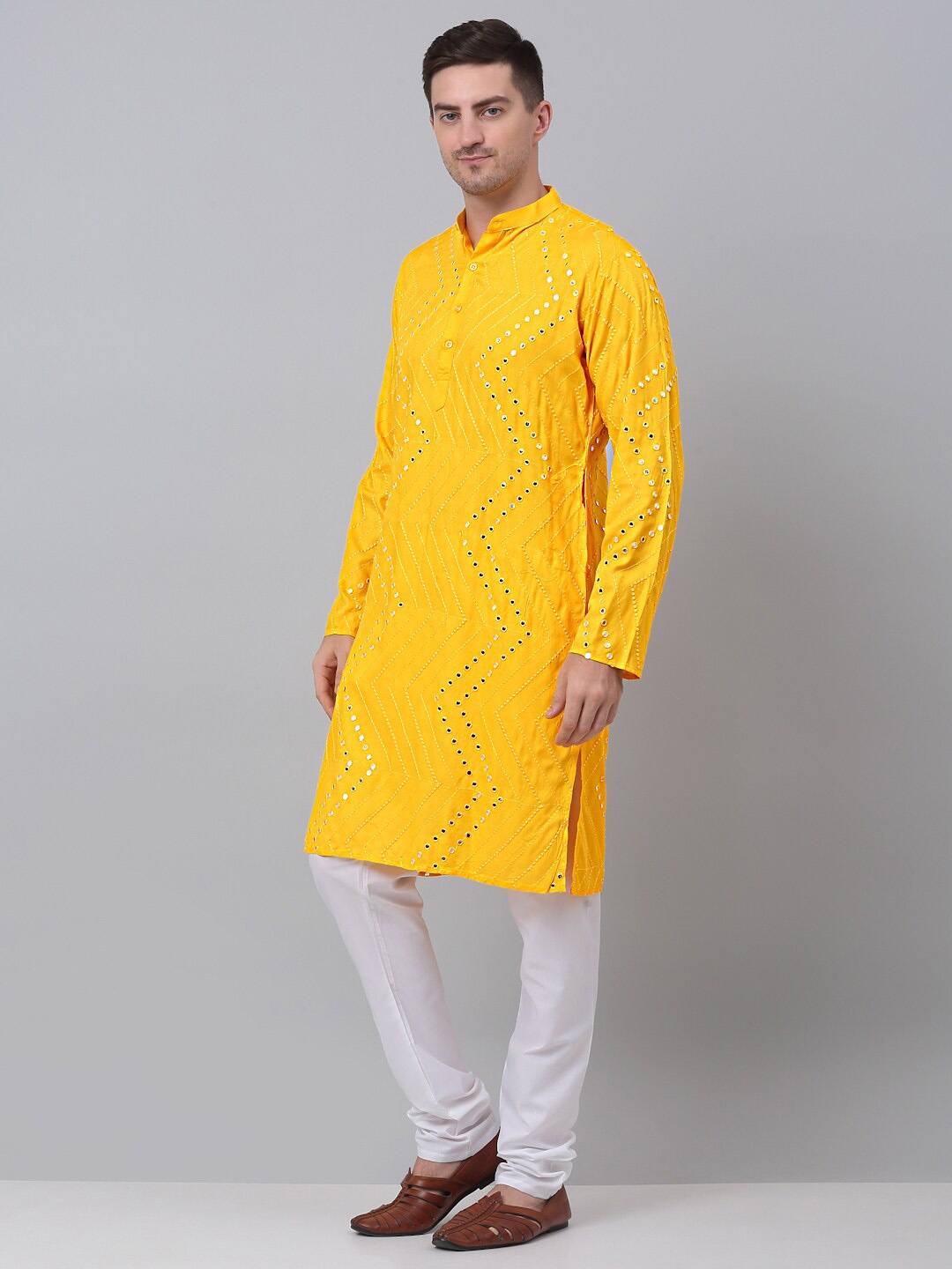

Jompers Mirror Work Embellished Pure Cotton Kurta with Churidar, Yellow