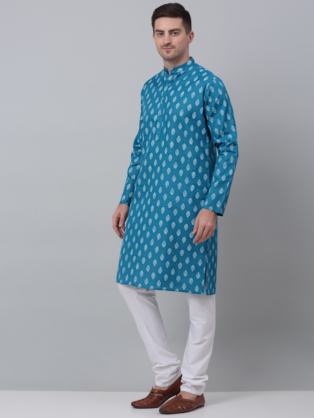 

Jompers Ethnic Motifs Printed Mandarin Collar Kurta with Churidar, Teal