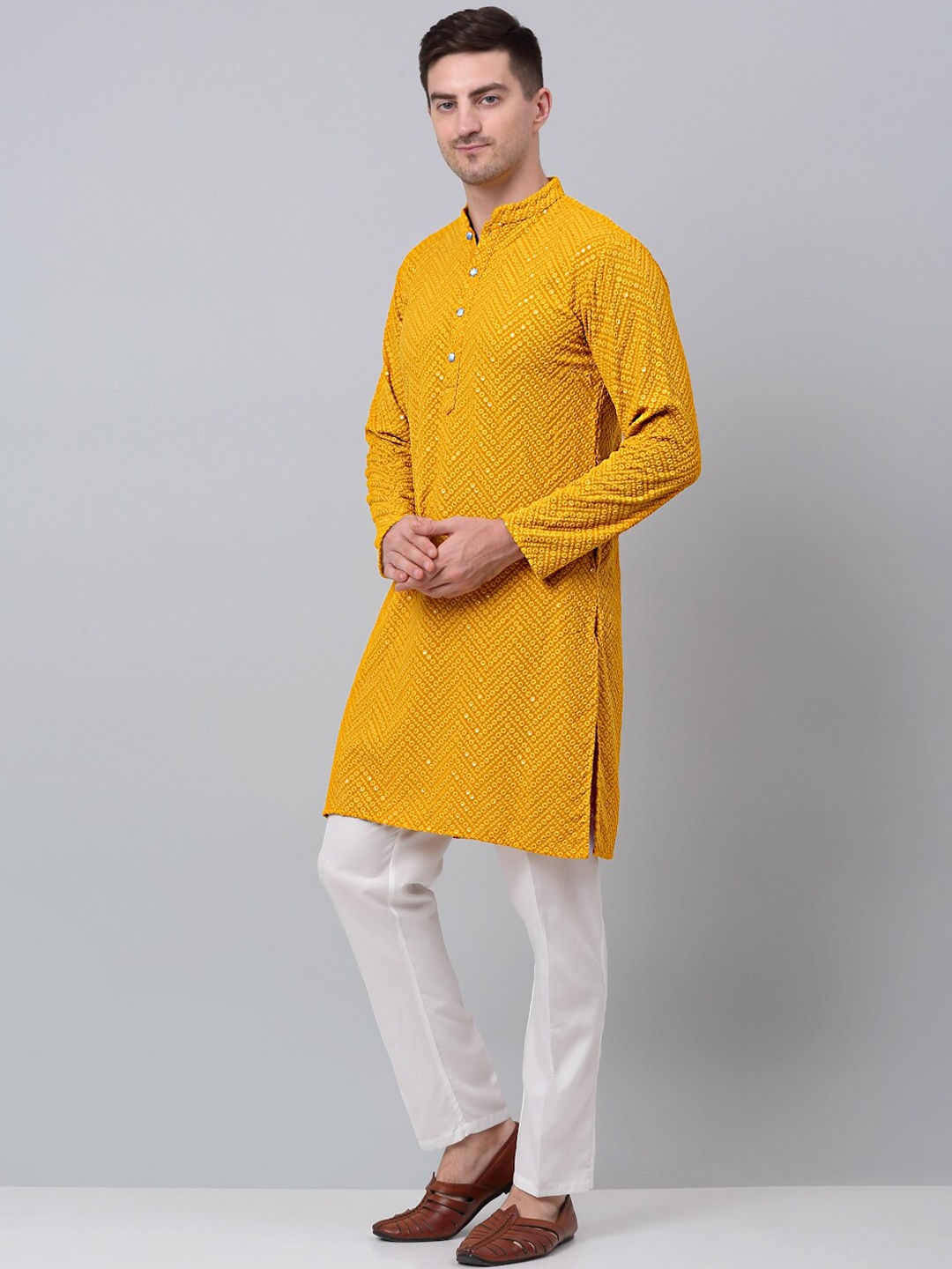 

Jompers Sequin Embellished Pure Cotton Kurta With Pyjamas, Mustard