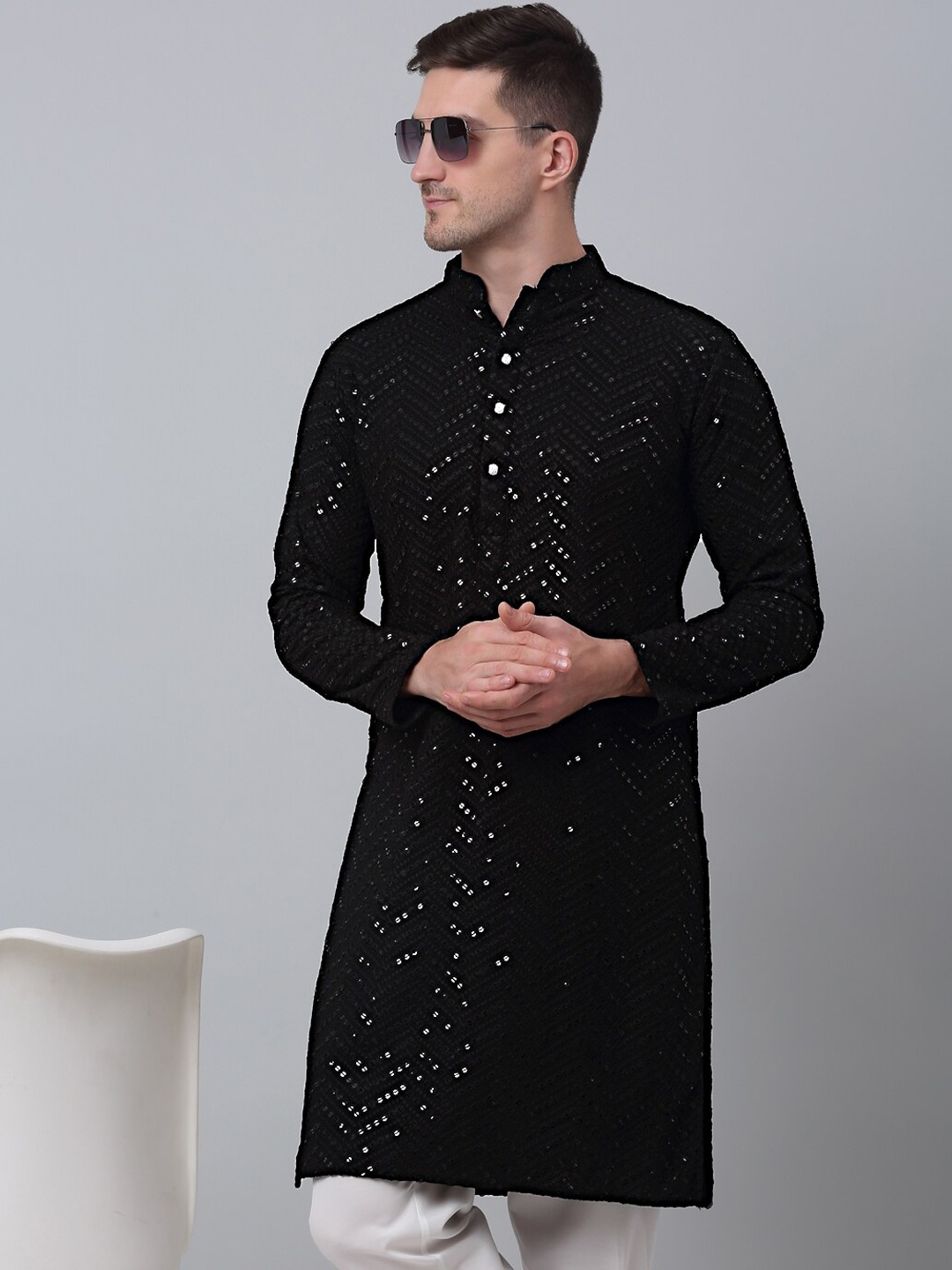 

Jompers Sequin Embellished Pure Cotton Kurta with Pyjamas, Black