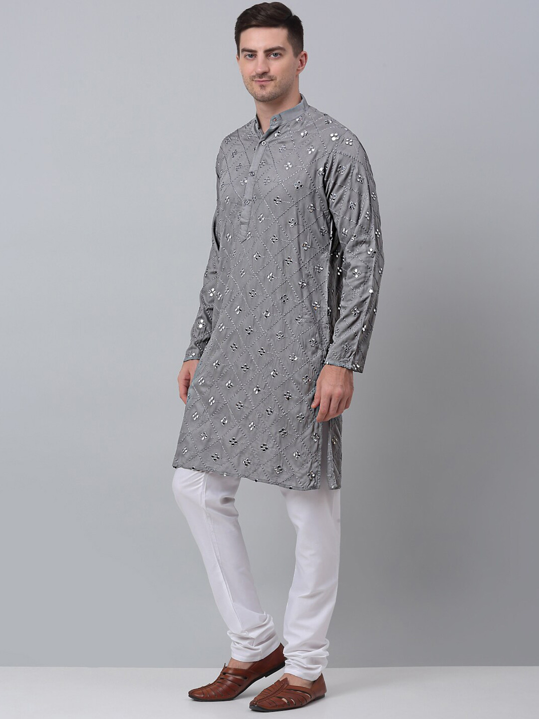 

Jompers Mirror Work Embellished Pure Cotton Kurta with Churidar, Grey