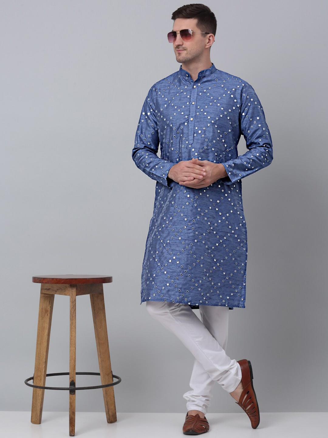 

Jompers Mirror Work Embellished Kurta with Churidar, Grey