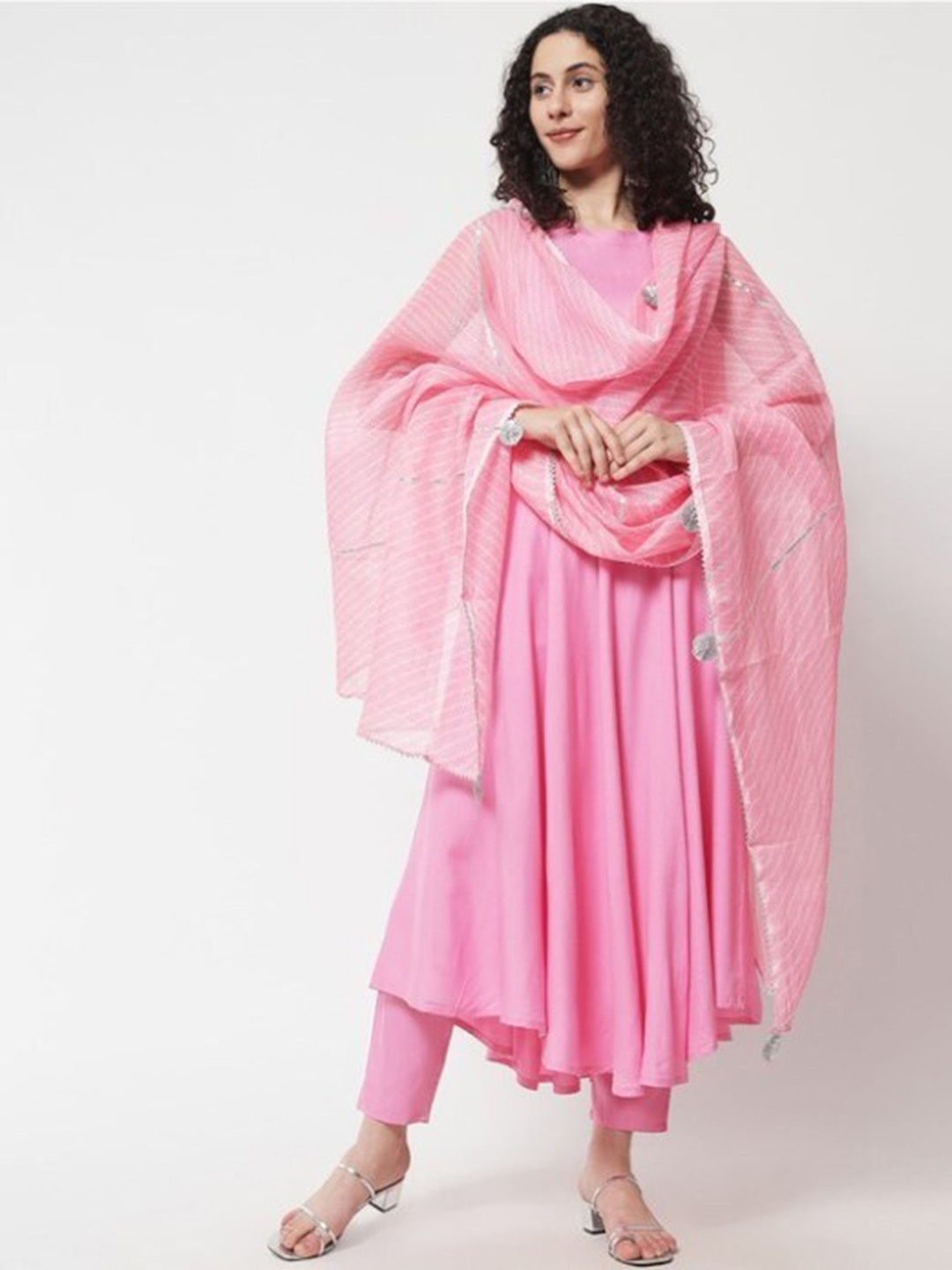 

Meeranshi Anarkali Sleeveless Kurta With Trousers & With Dupatta, Pink