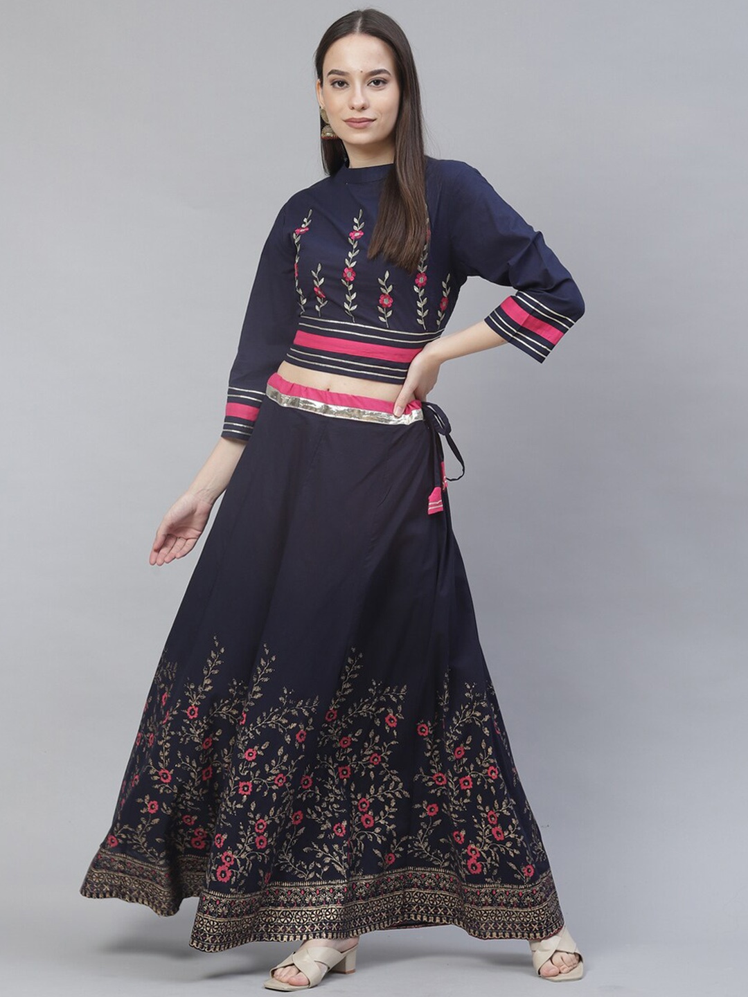 

Meeranshi Floral Embroidered Crop Top With Flared Skirt, Navy blue