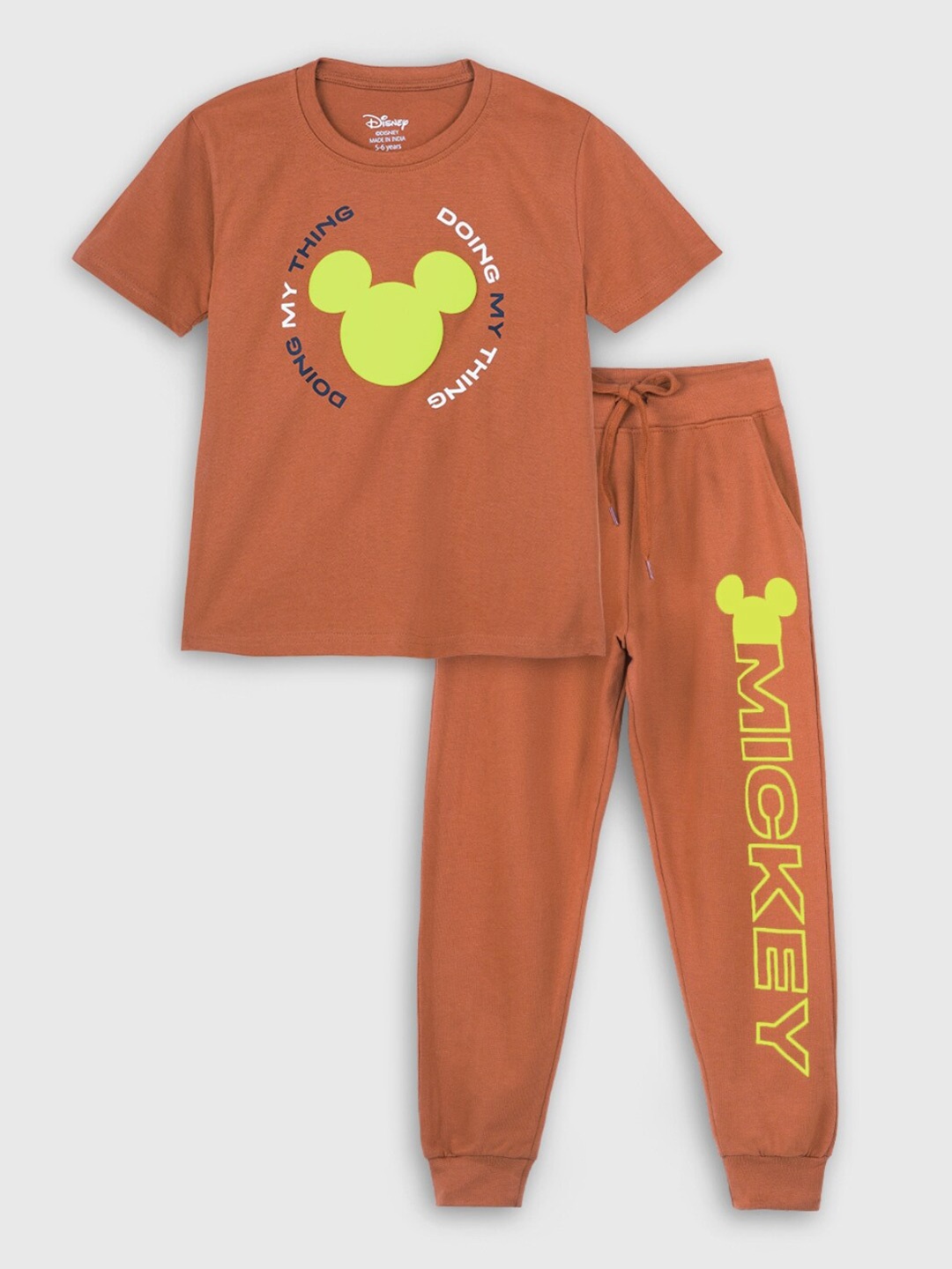 

Nap Chief Kids Mickey Mouse Printed Pure Cotton T-shirt with Pyjamas, Brown