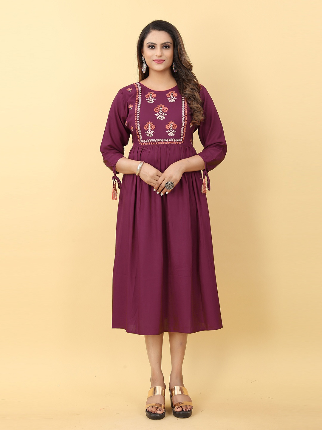 

Kiwie Floral Embroidered Fit & Flare Ethnic Dress, Burgundy