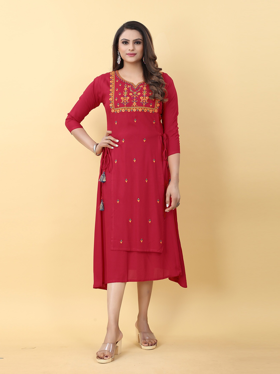

Kiwie Embroidered A-Line Layered Ethnic Dress, Red