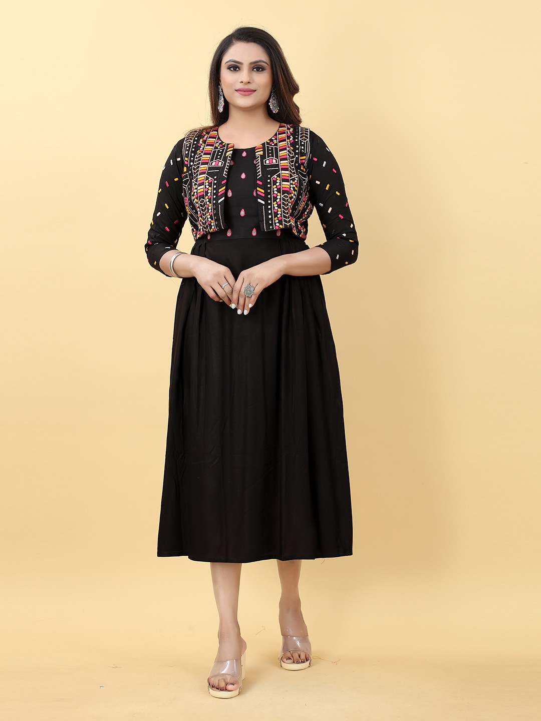 

Kiwie Ethnic Motif Embroidered Fit & Flare Ethnic Dress, Black