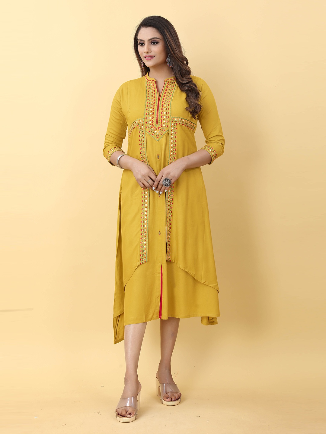 

Kiwie Ethnic Motif Embroidered Fit & Flare Ethnic Dress, Mustard