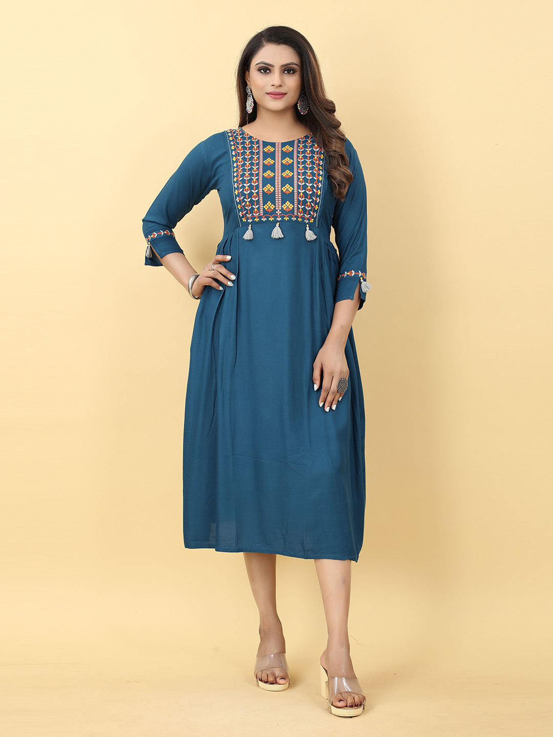 

Kiwie Embroidered A-Line Midi Ethnic Dress, Blue