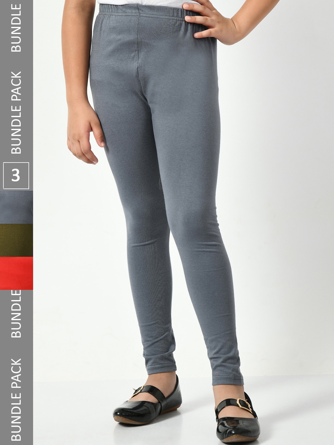 

BAESD Girls Pack Of 3 Mid-Rise Churidar-Length Leggings, Grey