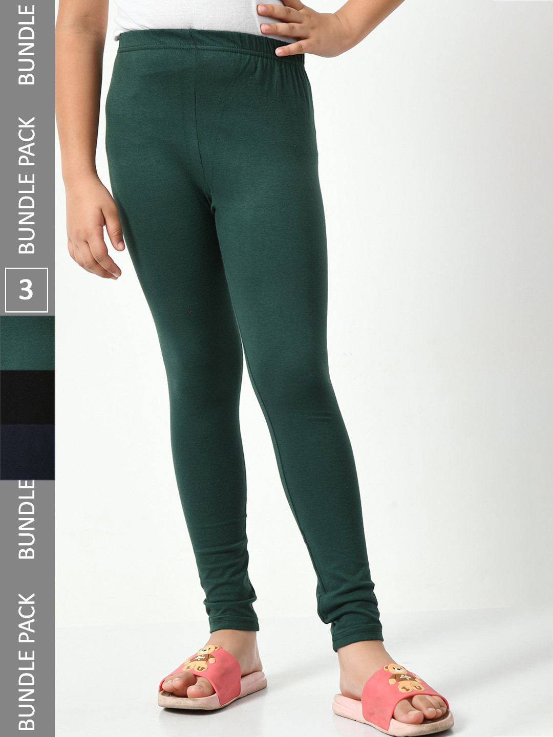 

BAESD Girls Pack Of 3 Churidar-Length Super Soft Cotton Lycra Leggings, Green