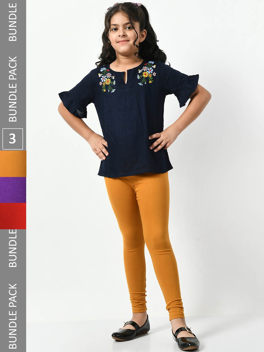 

BAESD Girls Pack Of 3 Churidar-Length Super Soft Cotton Lycra Leggings, Mustard