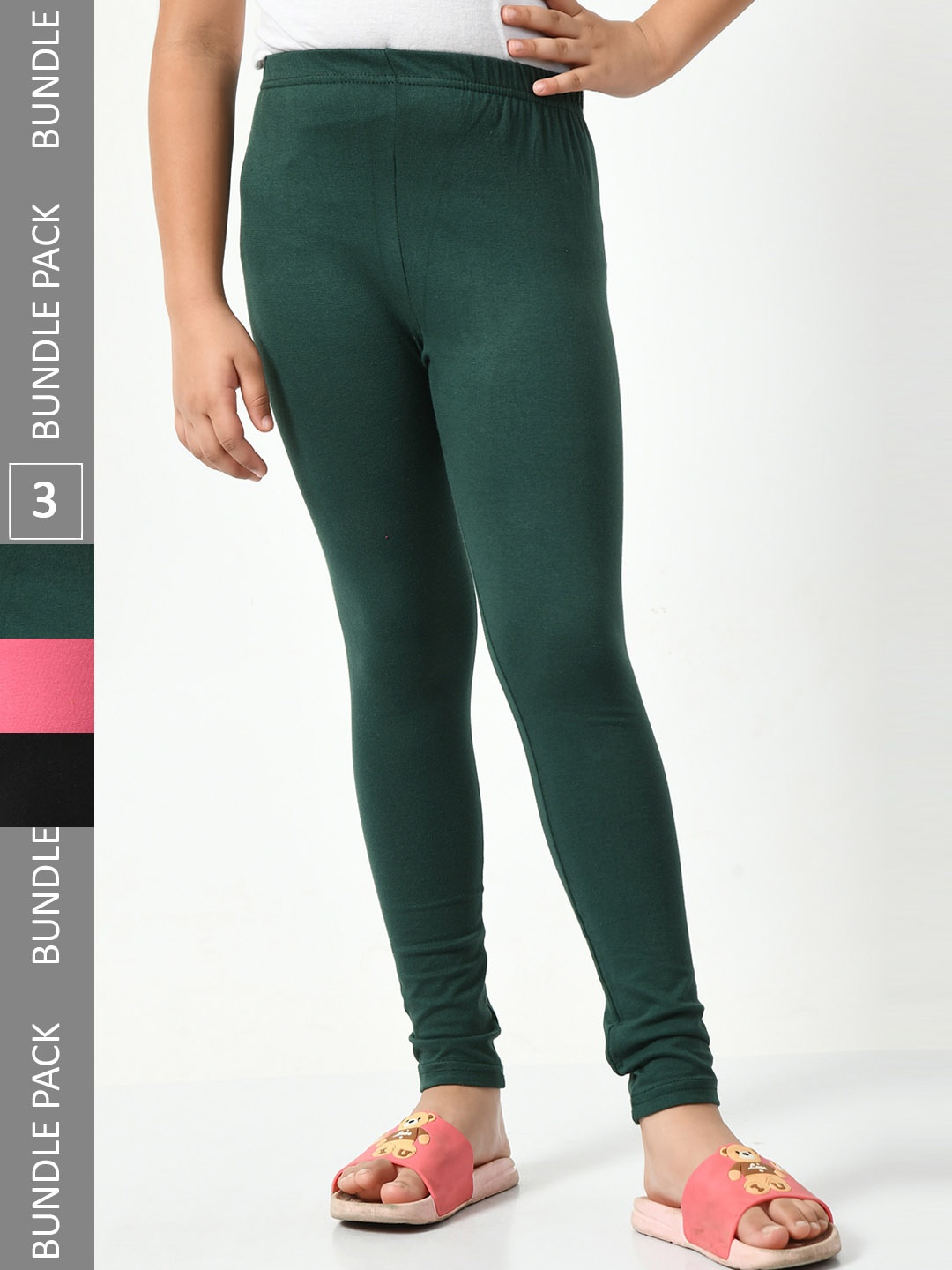 

BAESD Girls Pack Of 3 Churidar-Length Super Soft Cotton Lycra Leggings, Green