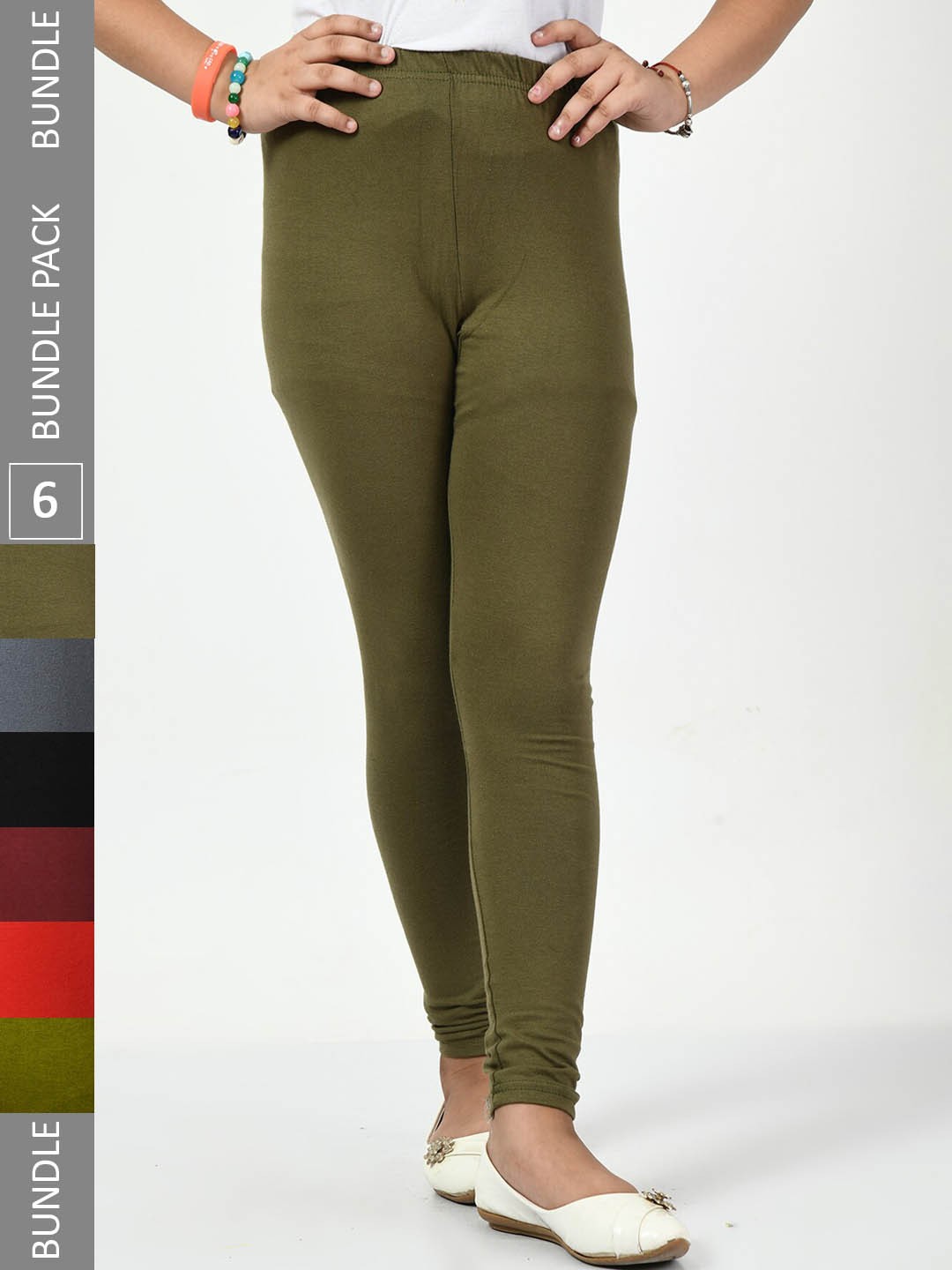 

BAESD Girls Pack Of 6 Mid-Rise Churidar-Length Leggings, Olive