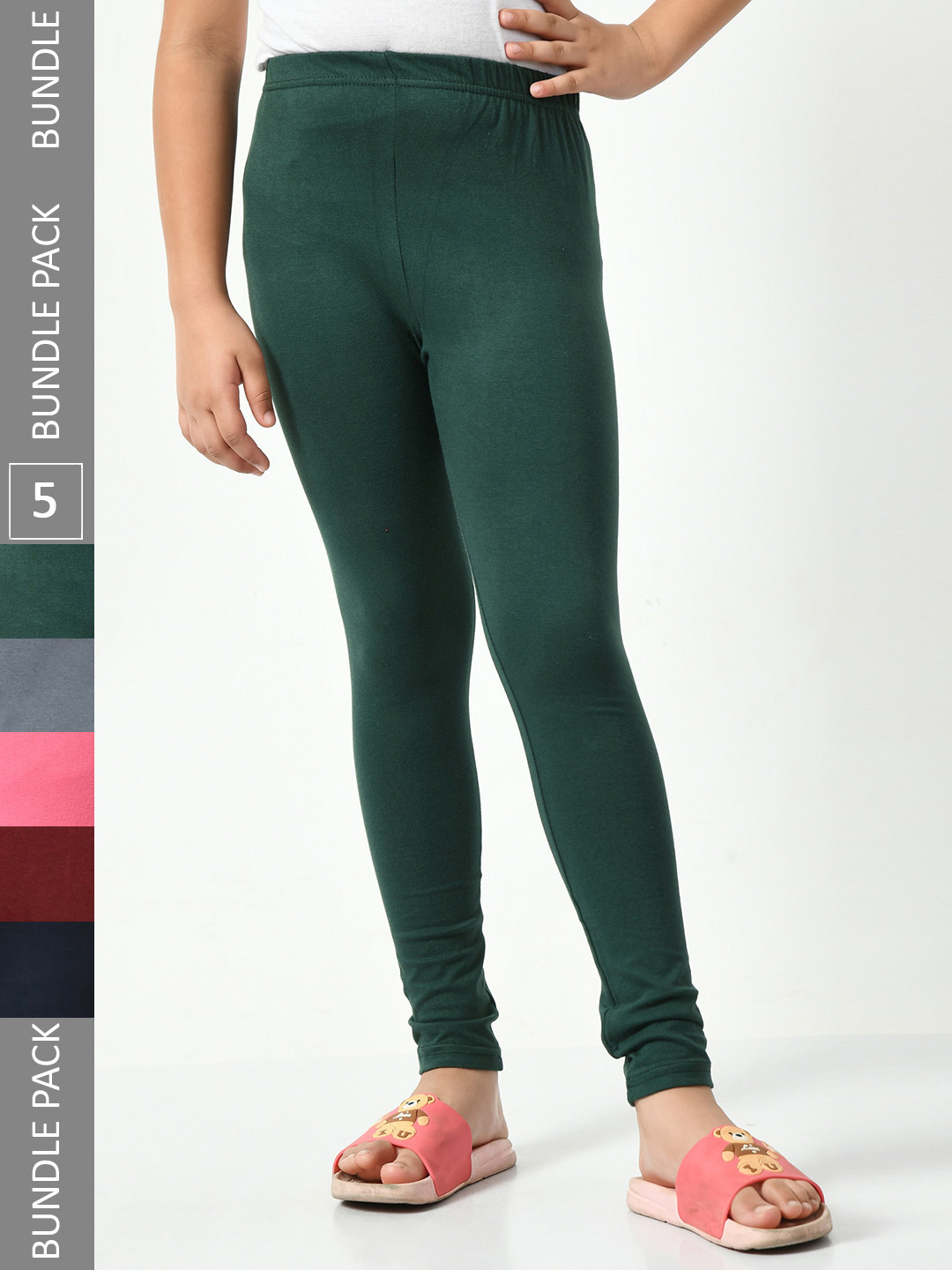 

BAESD Girls Pack Of 5 Mid-Rise Churidar-Length Cotton Leggings, Green