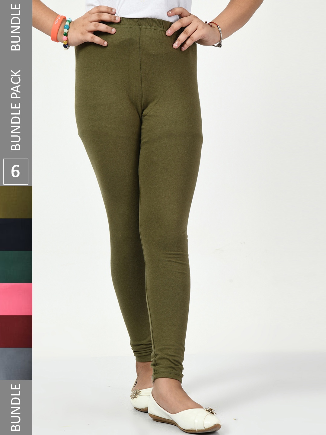 

BAESD Girls Pack Of 6 Mid-Rise Churidar-Length Leggings, Olive