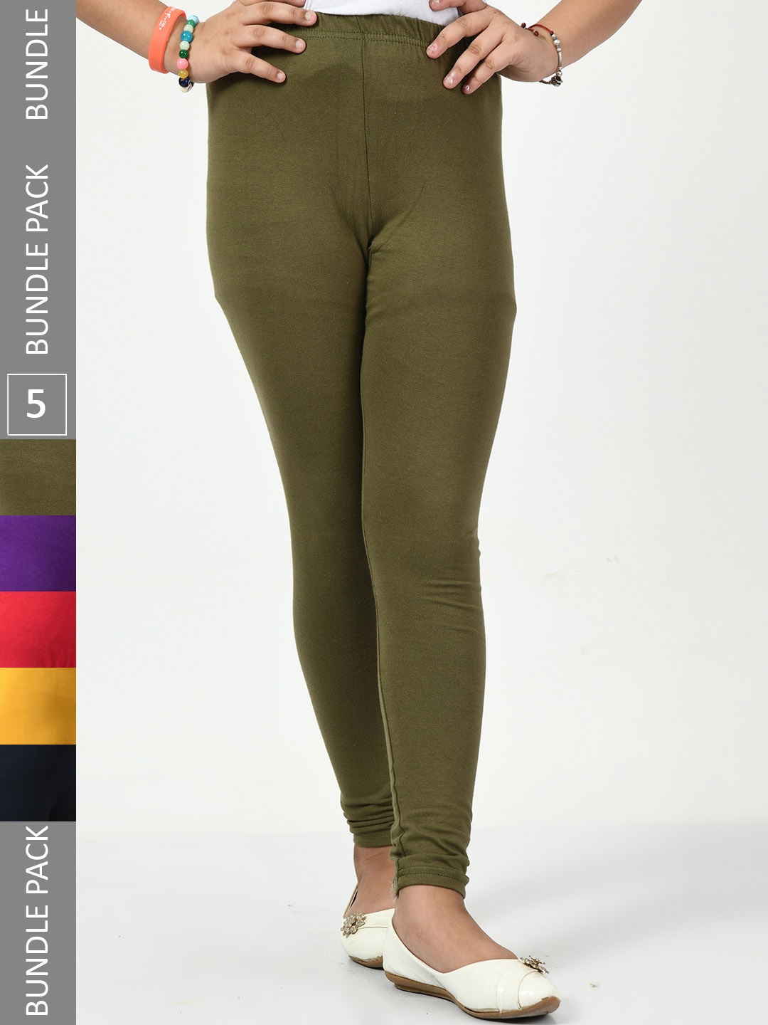 

BAESD Girls Pack Of 5 Mid-Rise Churidar-Length Leggings, Olive