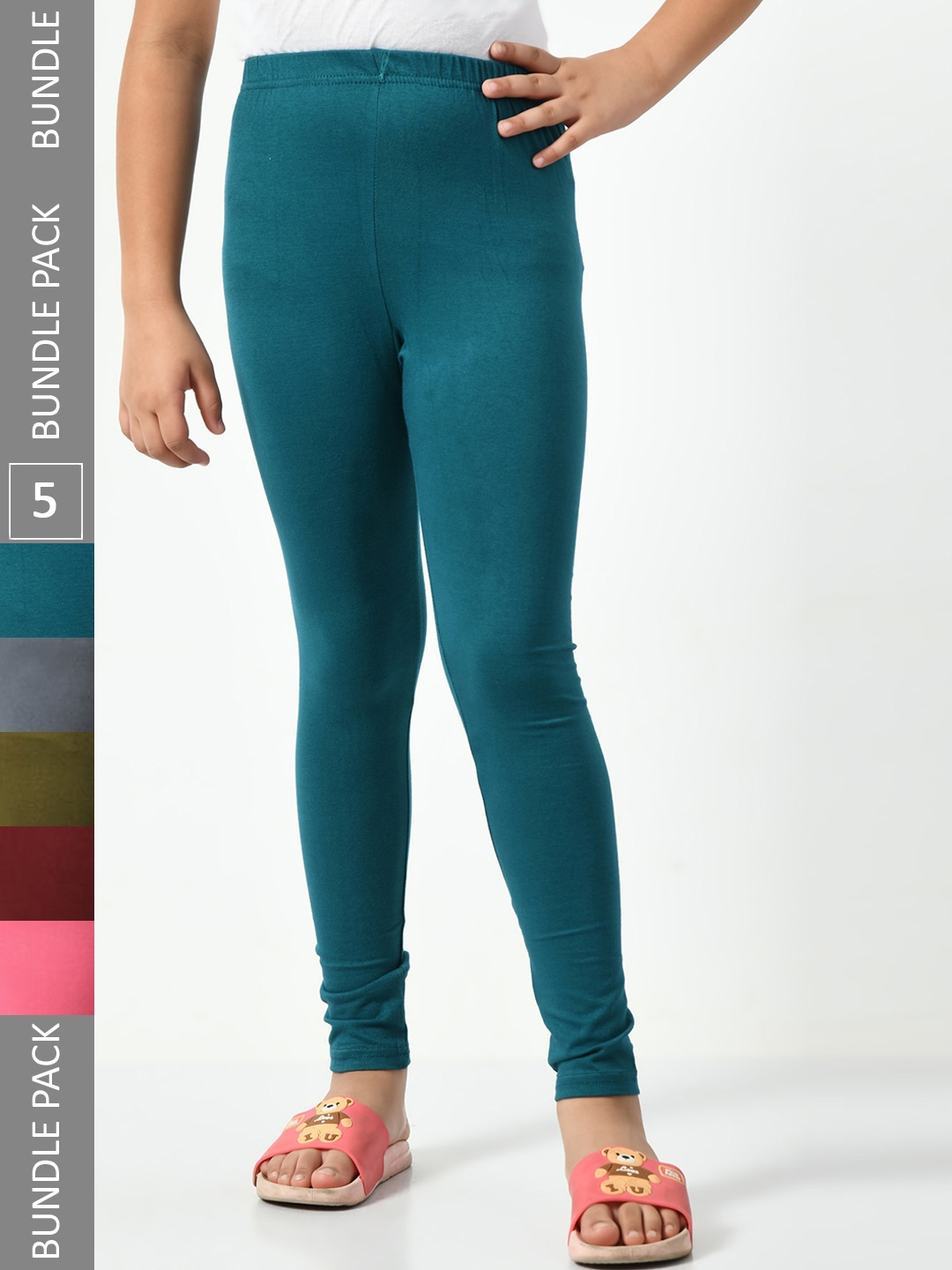 

BAESD Girls Pack Of 5 Churidar-length Super Soft Cotton Lycra Leggings, Teal