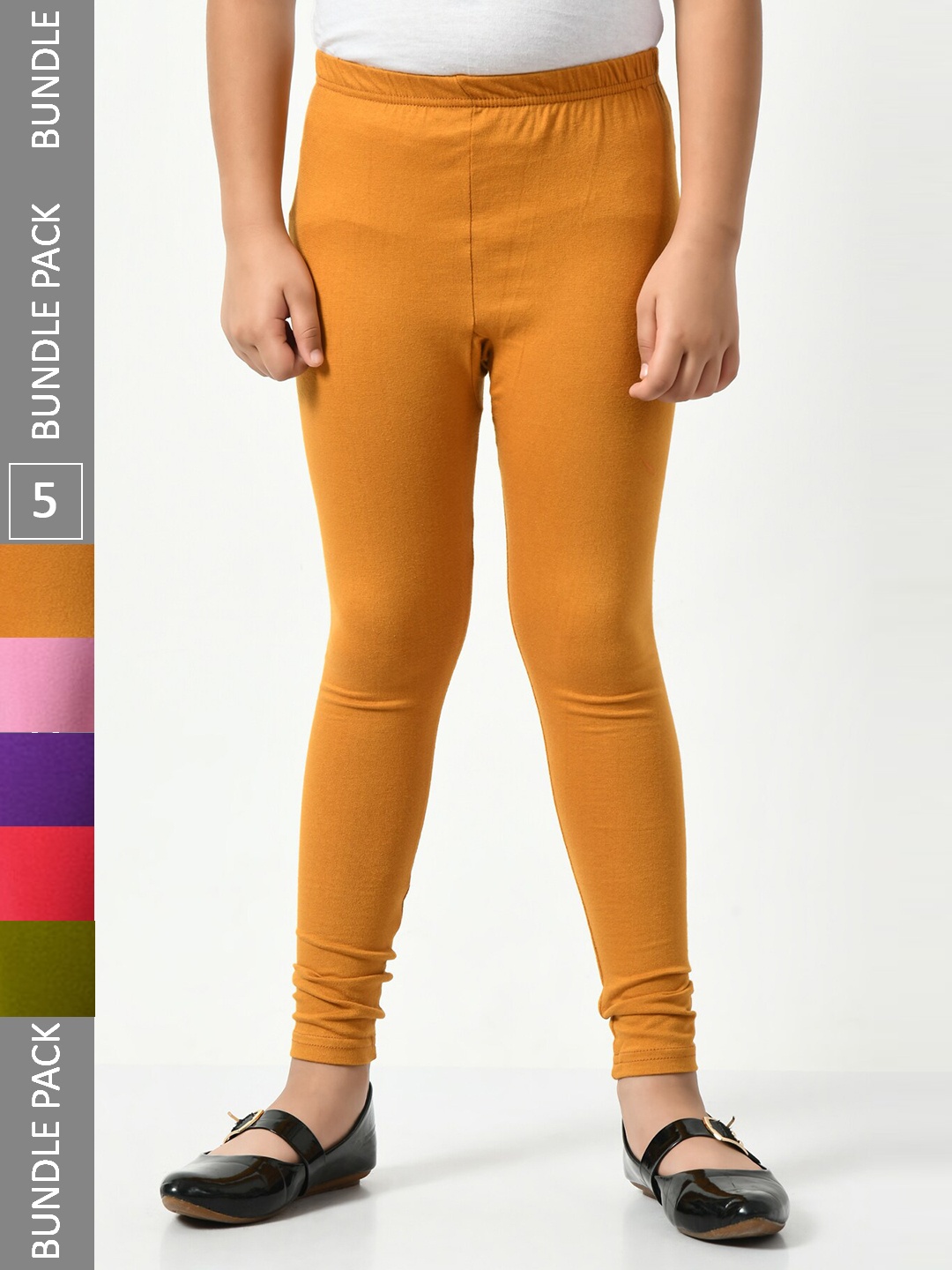 

BAESD Girls Pack Of 5 Churidar-length Super Soft Cotton Lycra Leggings, Mustard
