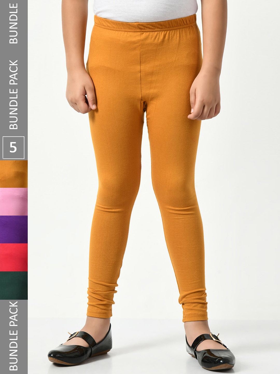 

BAESD Girls Pack Of 5 Churidar-length Super Soft Cotton Lycra Leggings, Mustard