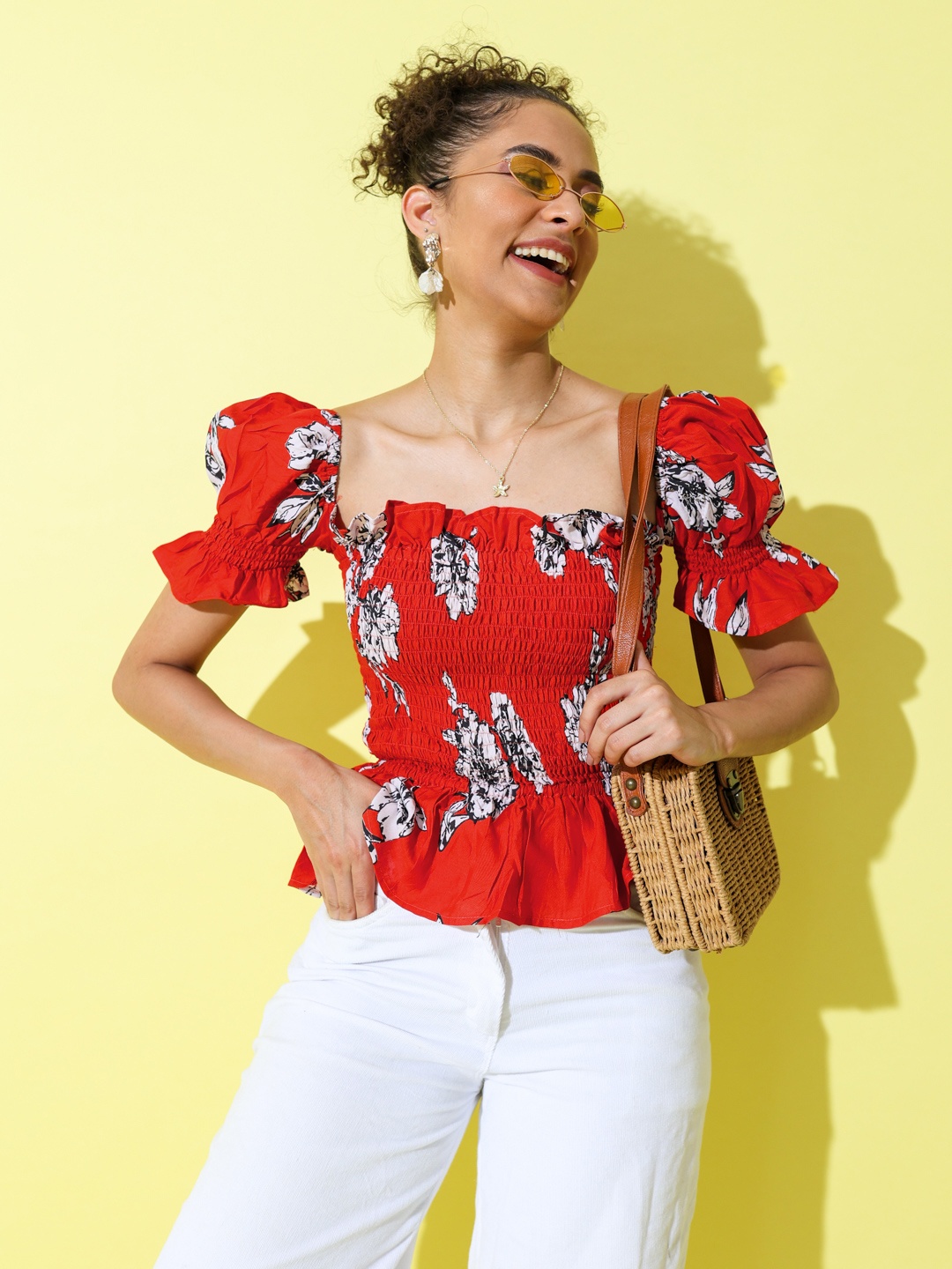 

Stylecast X Hersheinbox Floral Printed Puff Sleeves Smocked Detail Pure Cotton Peplum Top, Red